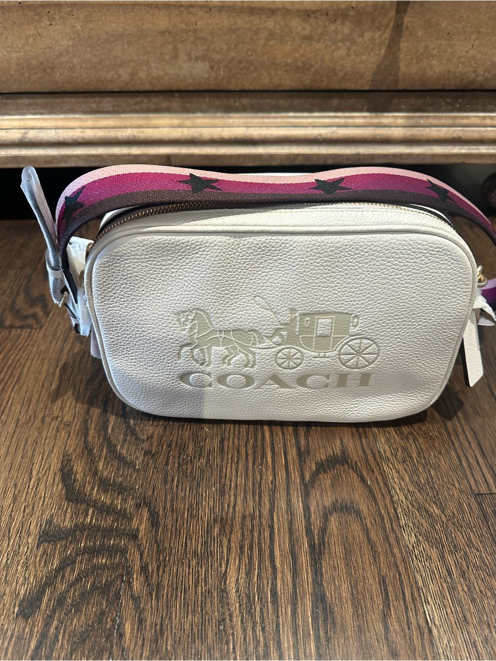 Coach White Pebbled Leather Crossbody with Pink Star Strap